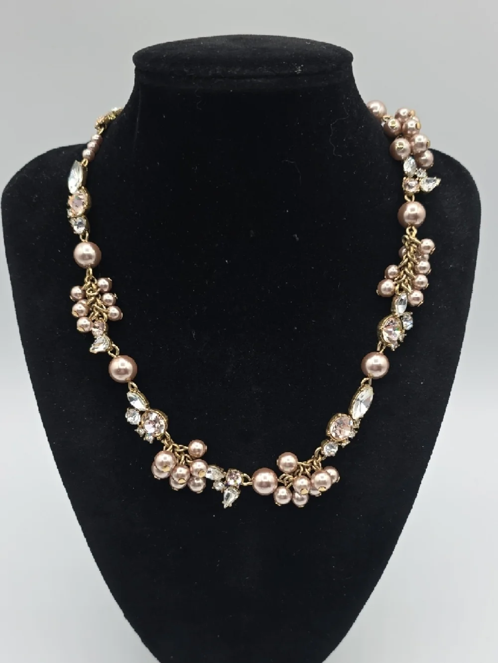 J. Crew Gold-Tone Necklace with Blush Pearl Clusters and Clear Crystals